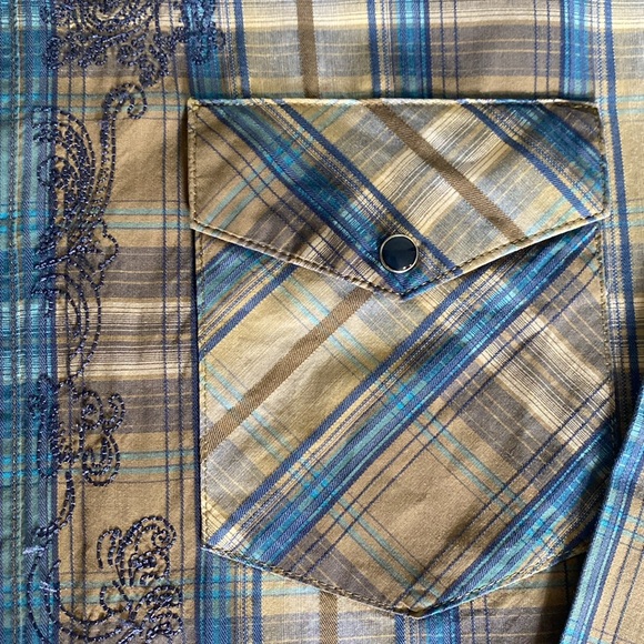 Vintage Wrangler Western Tan Embroidered Long Sleeve Blue Snap Button Shirt Sz L - Picture 8 of 16